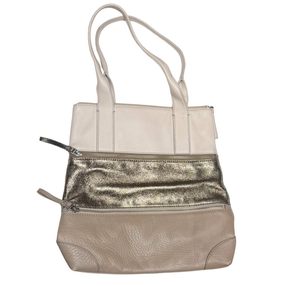 Fossil Cream & Gold Striped Leather Shoulder Bag – Large – Good Condition